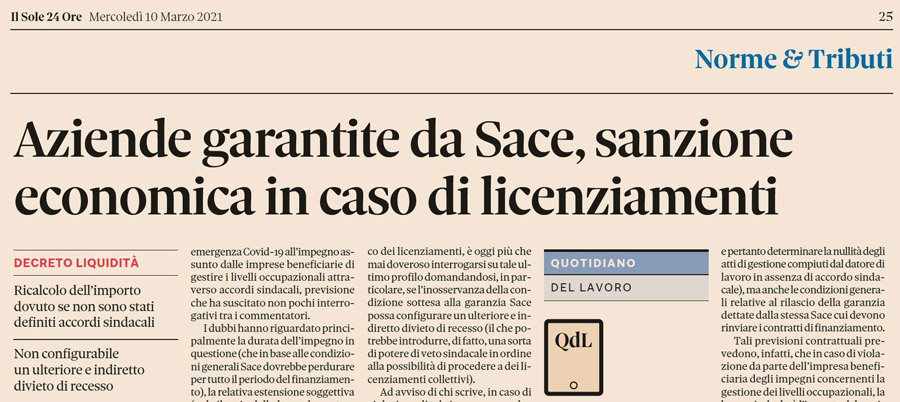 Aziende garantite da Sace, sanzione economica in caso di licenziamenti