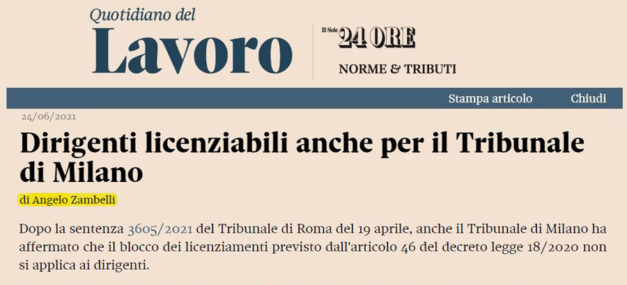 Dirigenti licenziabili anche per il Tribunale di Milano