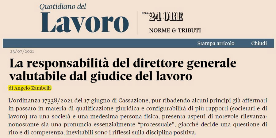 La responsabilità del direttore generale valutabile dal giudice del lavoro