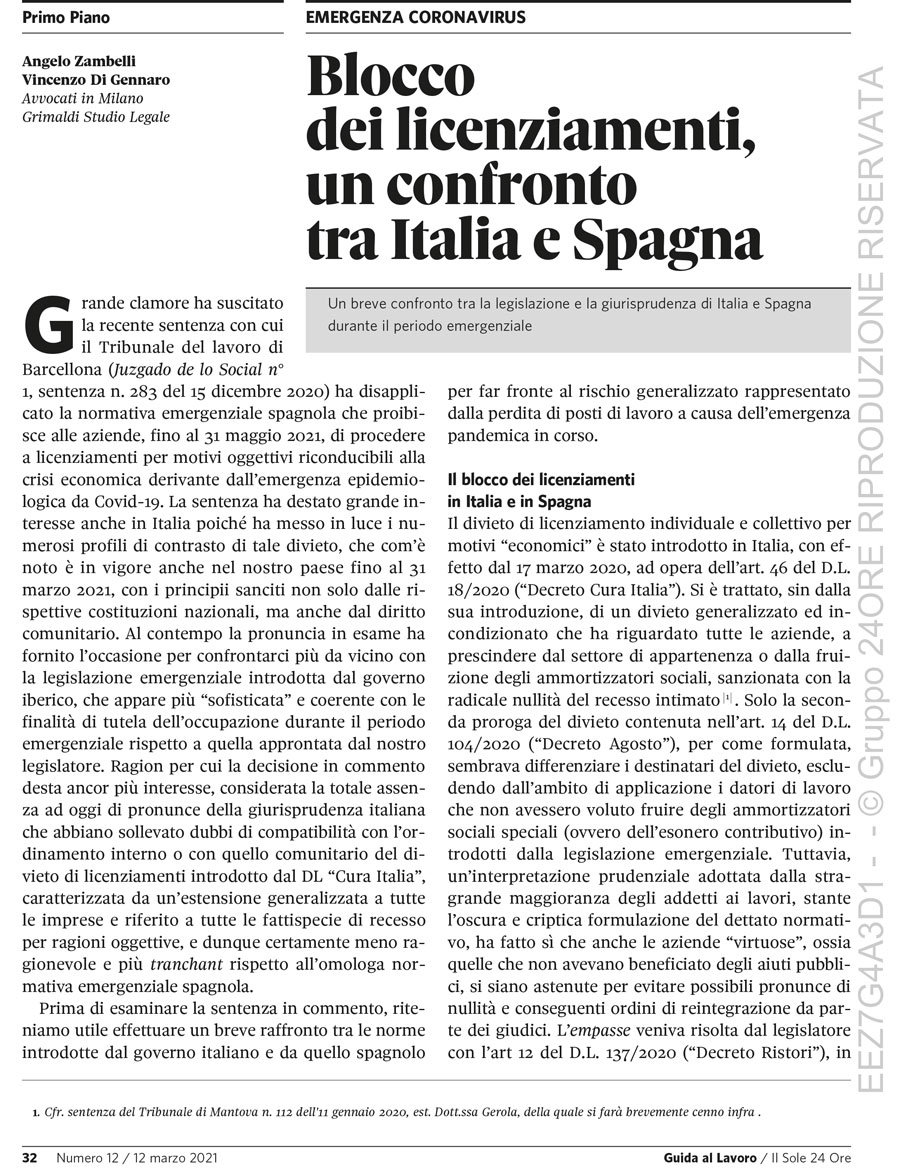 Blocco dei licenziamenti, un confronto tra Italia e Spagna