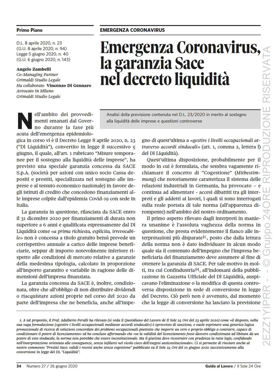Emergenza Coronavirus, la garanzia Sace nel decreto liquidità