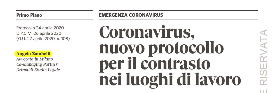 Coronavirus, nuovo protocollo per il contrasto nei luoghi di lavoro