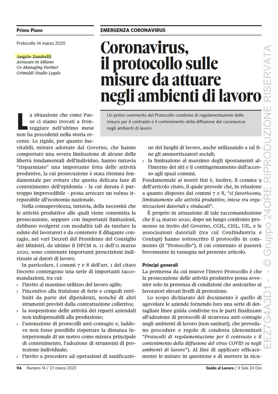 Coronavirus, il protocollo sulle misure da attuare negli ambienti di lavoro