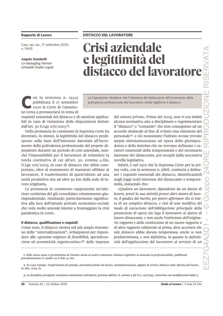 Crisi aziendale, e legittimità del distacco del lavoratore