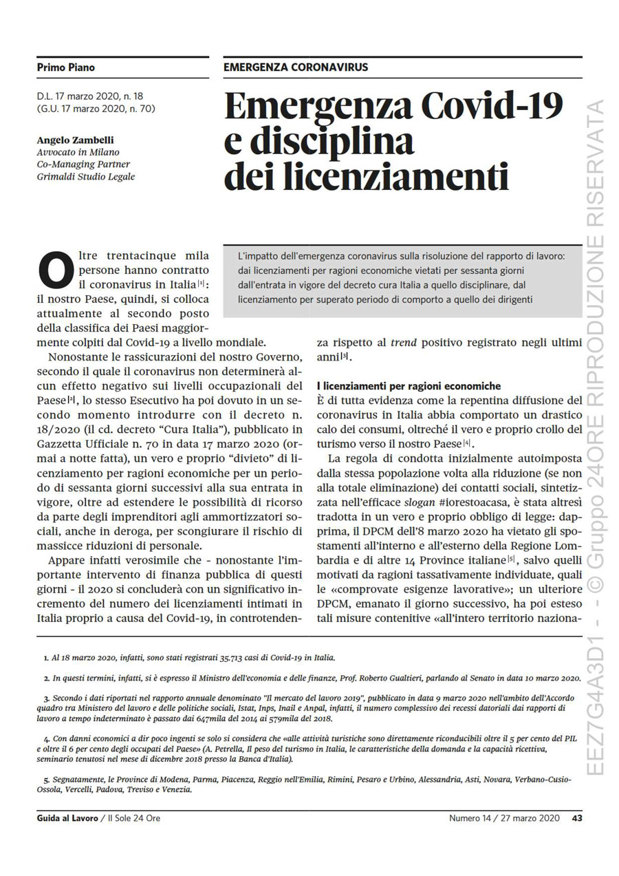 Emergenza Covid-19 e disciplina dei licenziamenti