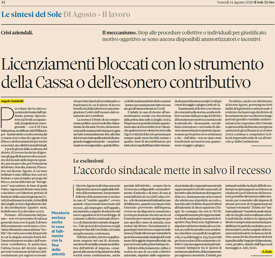 Licenziamenti bloccati con lo strumento della Cassa o dell'esonero contributivo