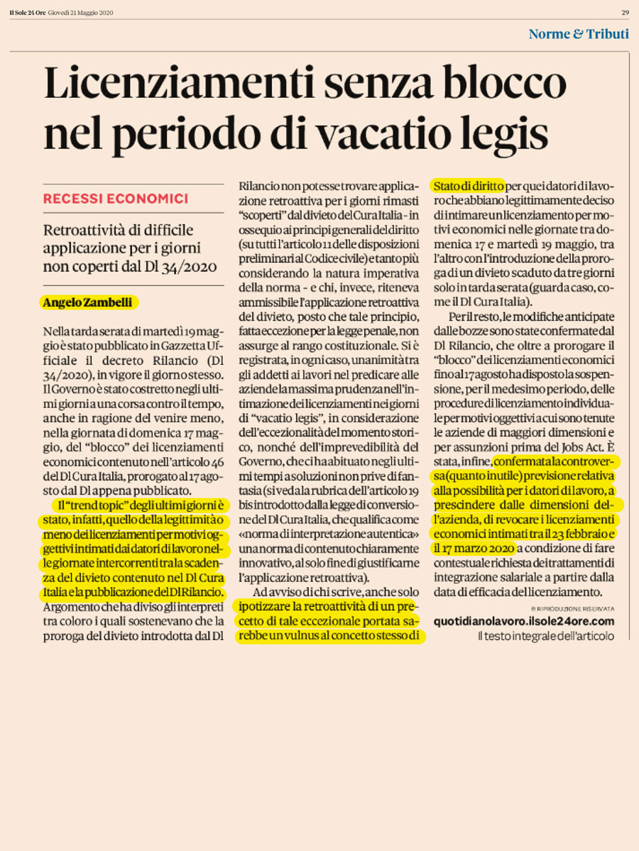 Licenziamenti senza blocco nel periodo di vacatio legis