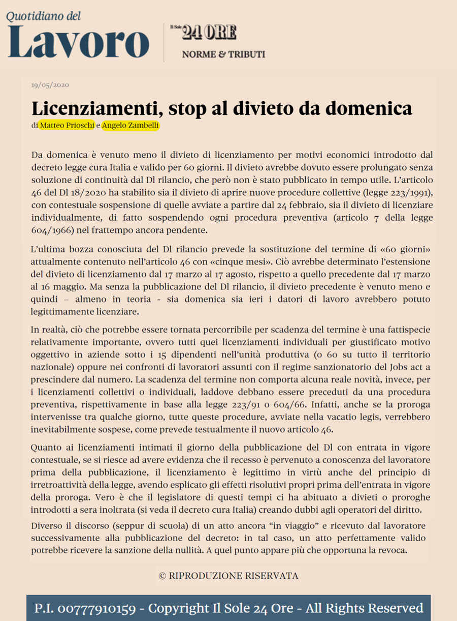 Licenziamenti, stop al divieto da domenica
