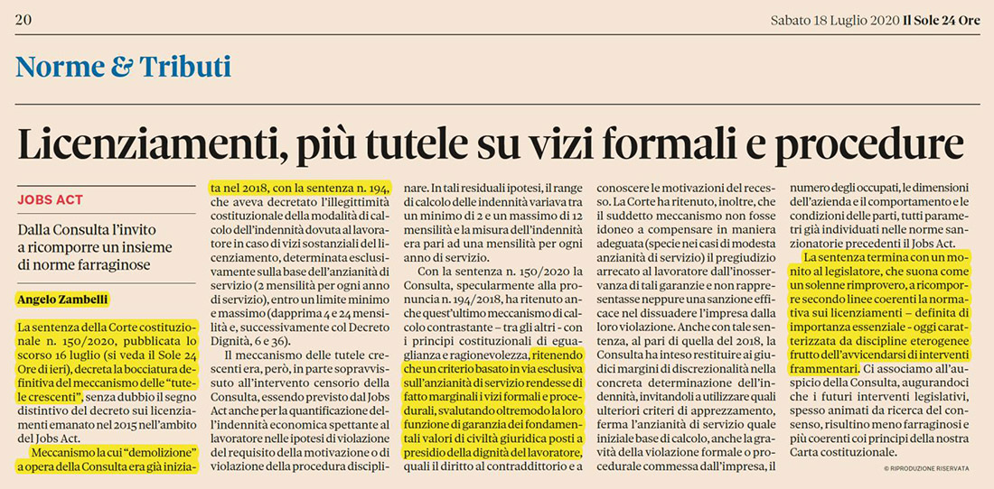 Licenziamenti, più tutele su vizi formali e procedure