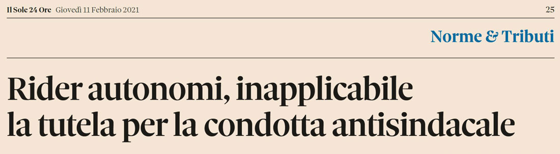 Rider autonomi, inapplicabile la tutela per la condotta antisindacale