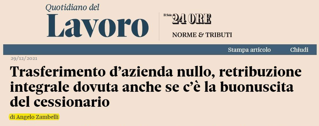 Trasferimento d'azienda nullo, retribuzione integrale dovuta anche se c'è la buonuscita del cessionario