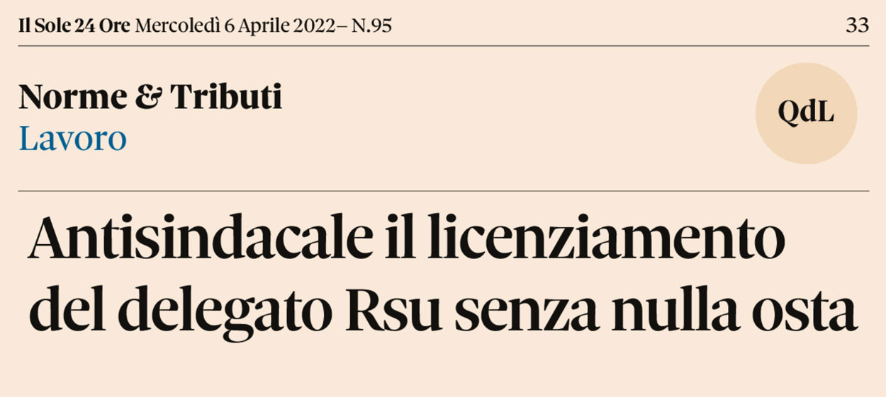 Antisindacale il licenziamento del delegato RSU senza nulla osta